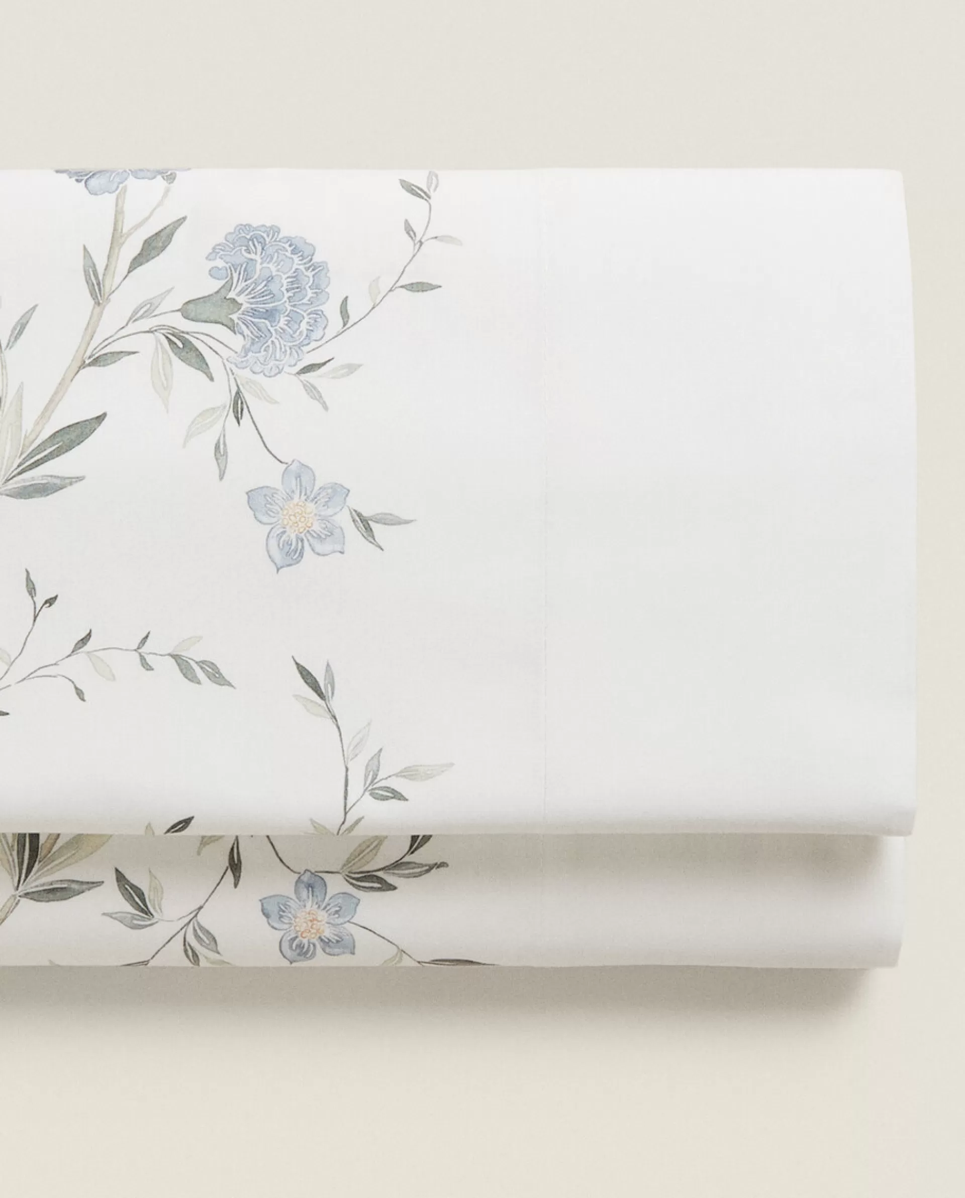 ZARA Home Blue Floral Print Flat Sheet Oyster White Store
