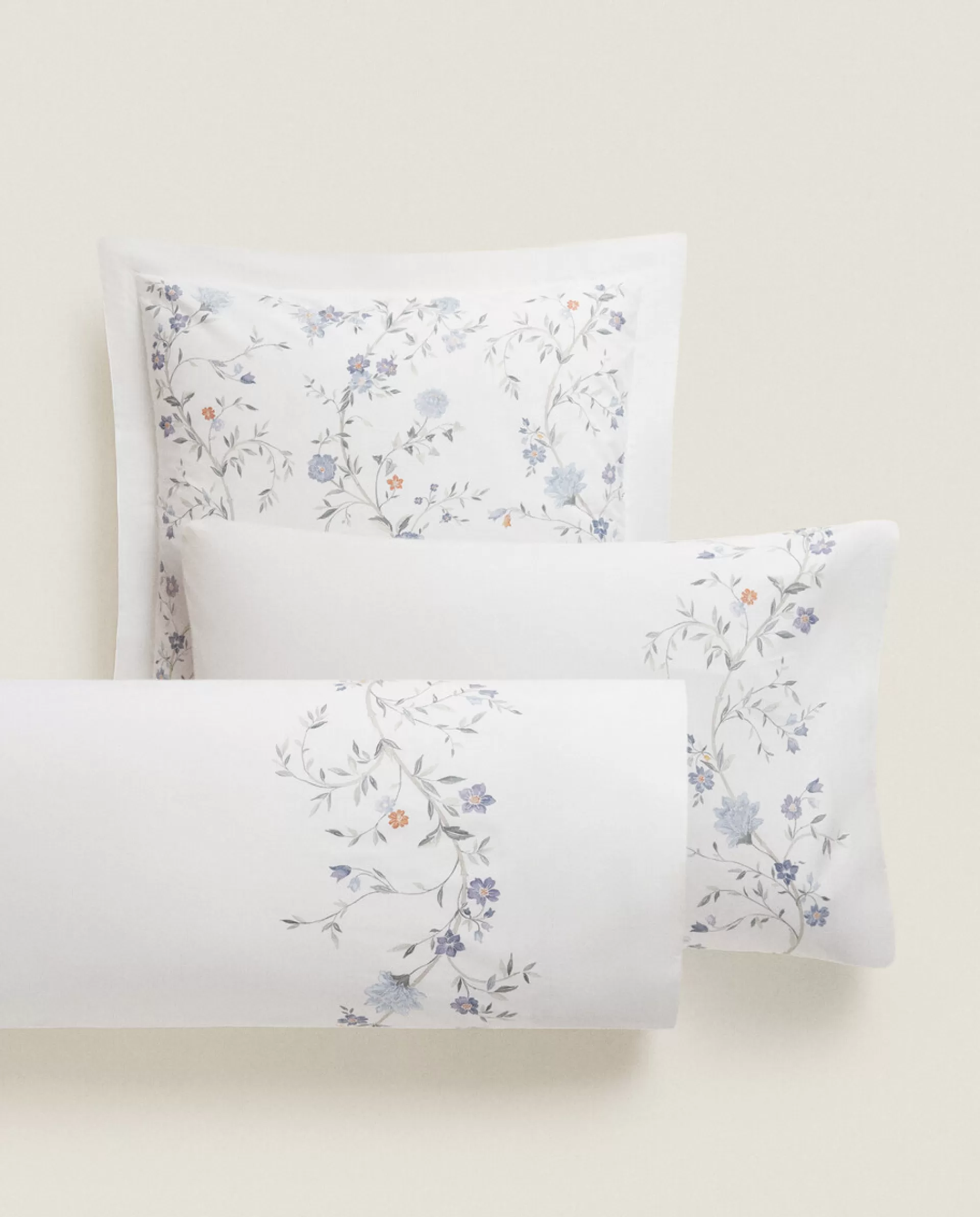 ZARA Home Blue Flowers Pillowcase Oyster White Outlet