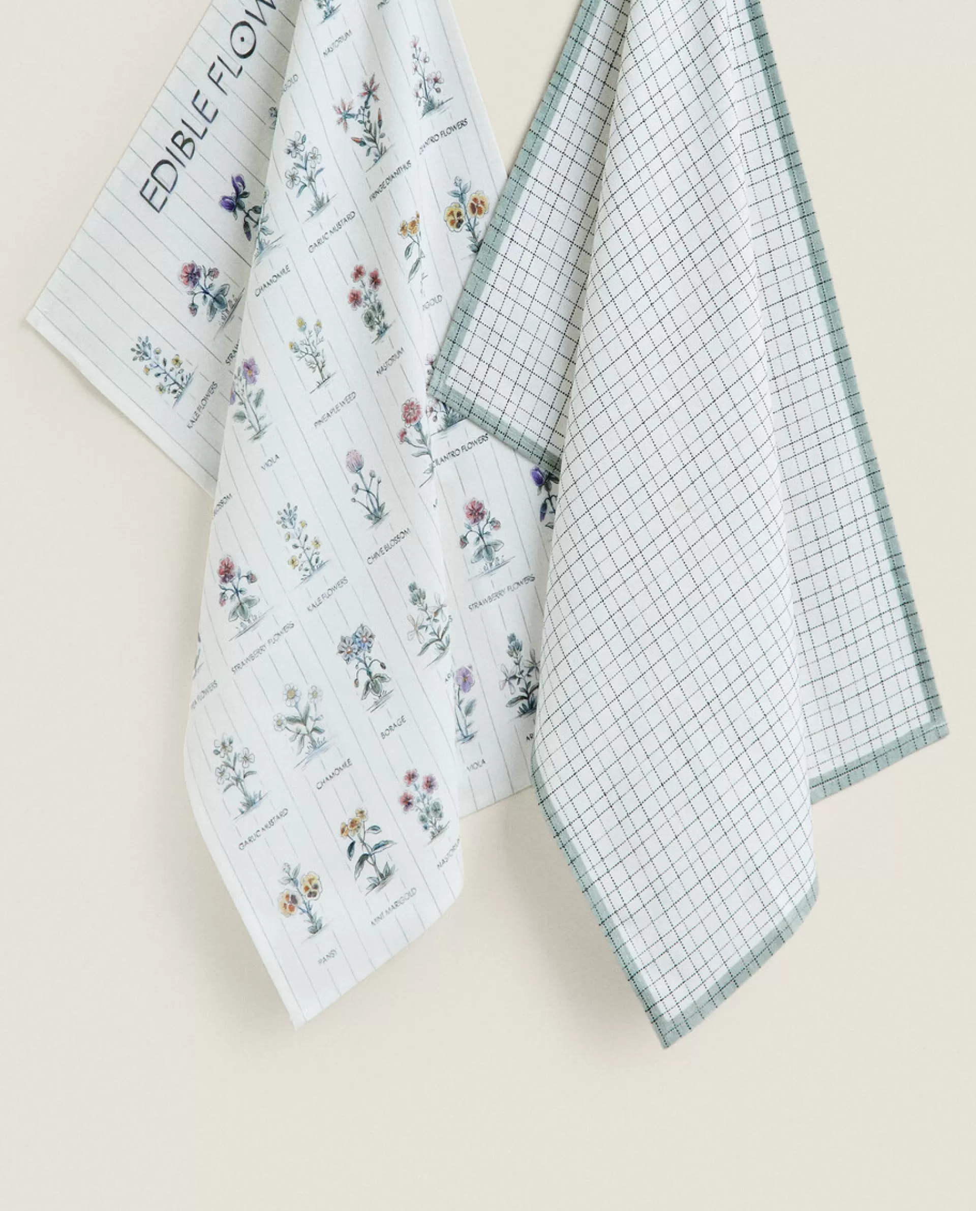 ZARA Home Check And Floral Print Cotton Tea Towel (Pack Of 2) Blue Fashion