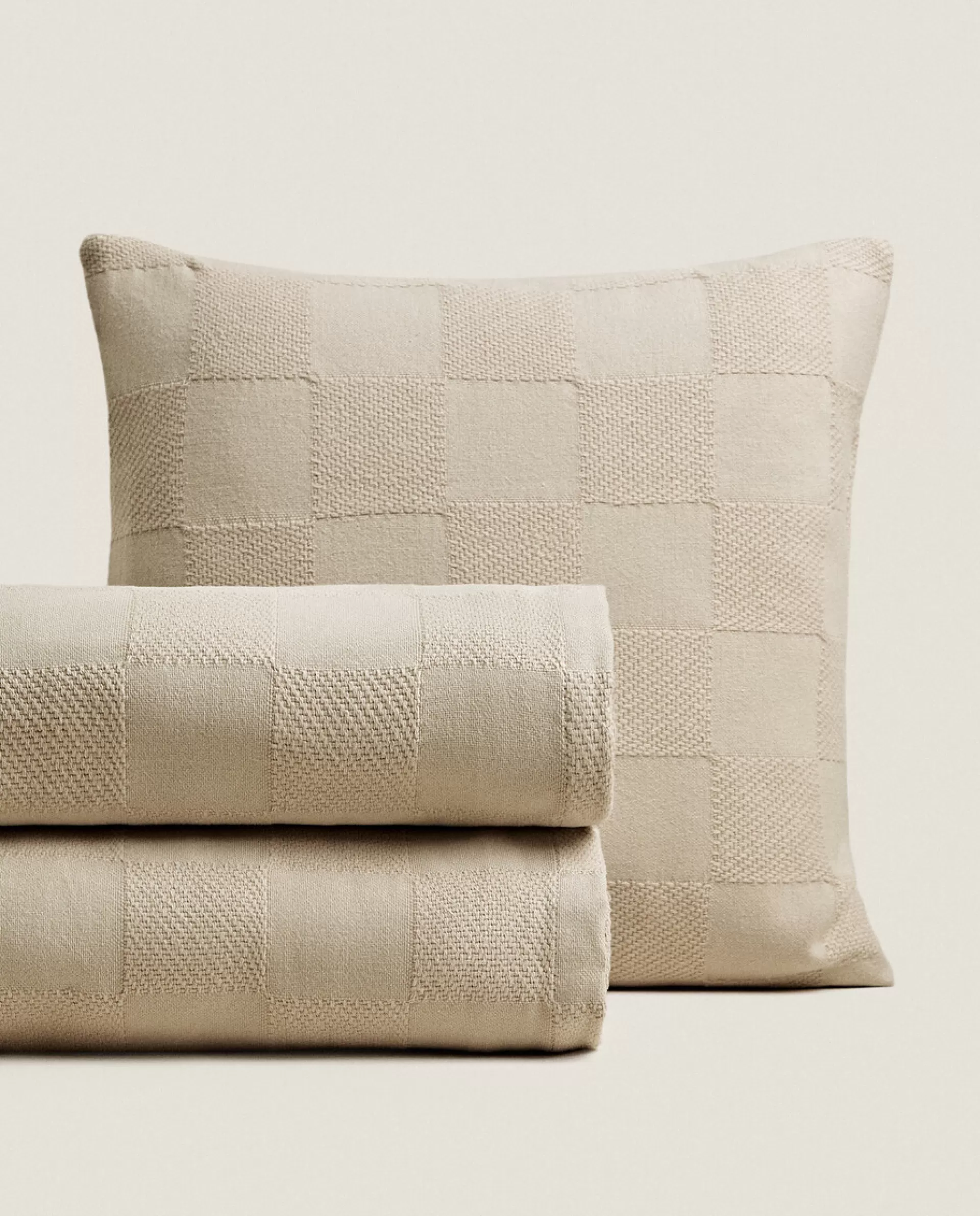 ZARA Home Check Cotton Bedspread Taupe Clearance