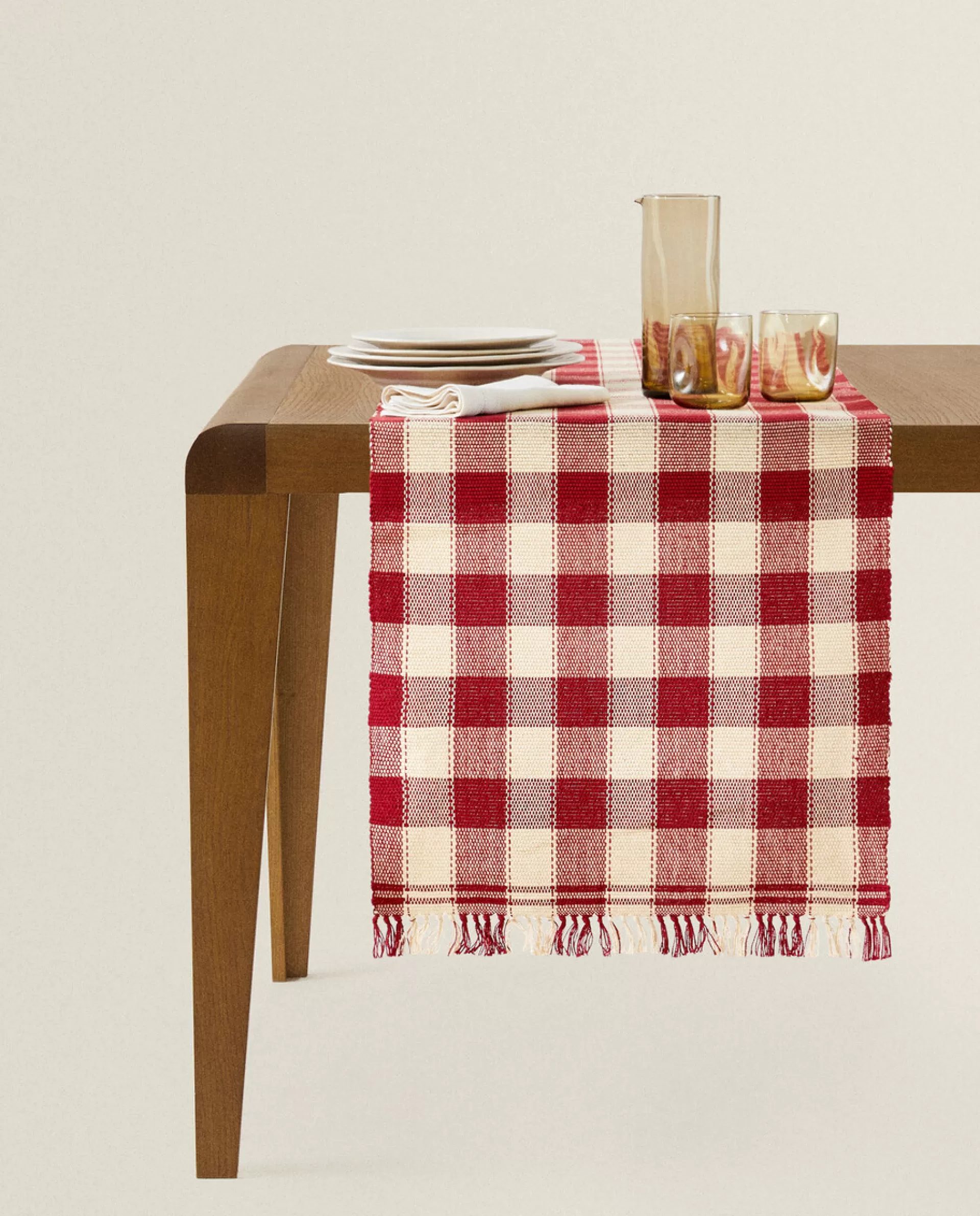 ZARA Home Christmas Check Table Runner Red Online