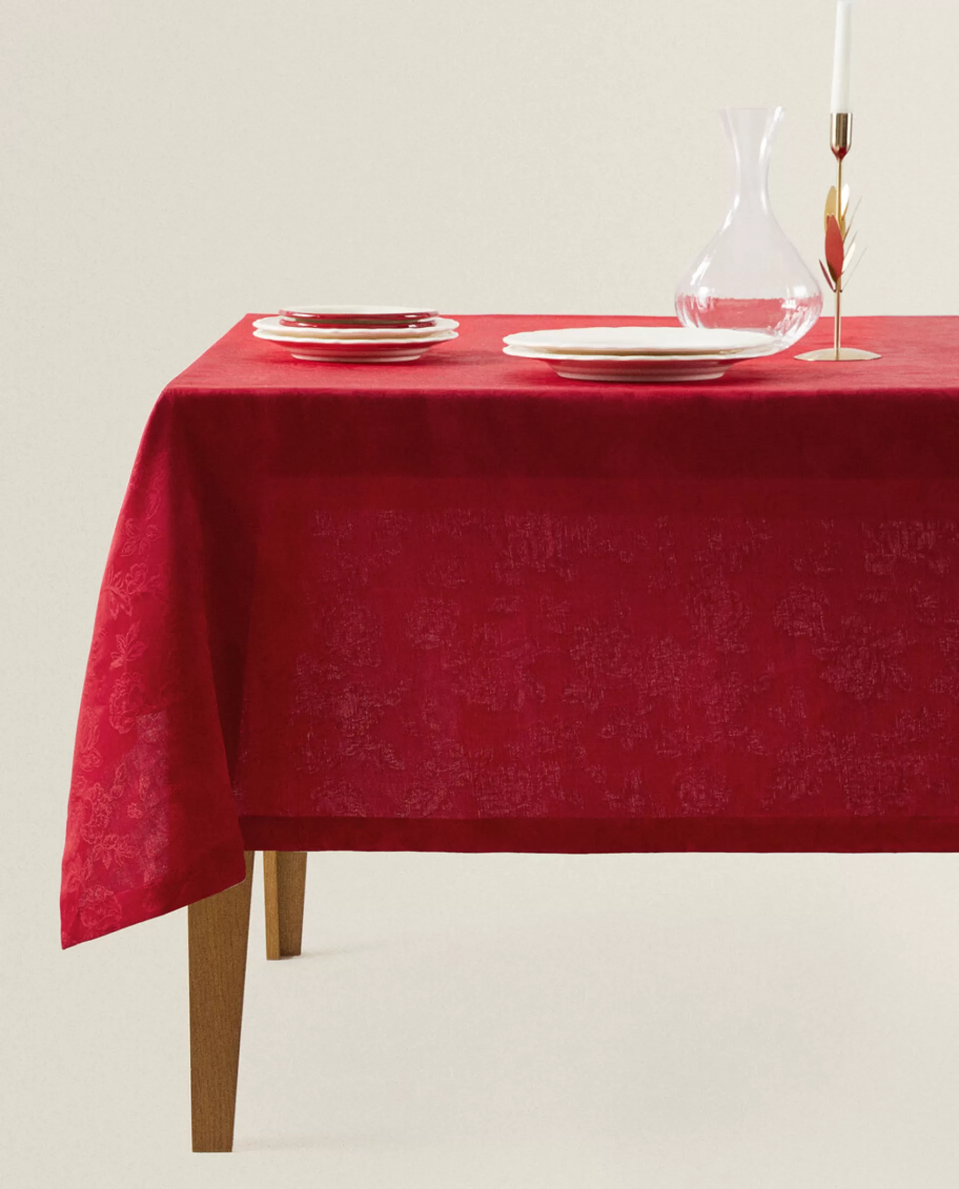 ZARA Home Christmas Floral Jacquard Tablecloth Red Sale
