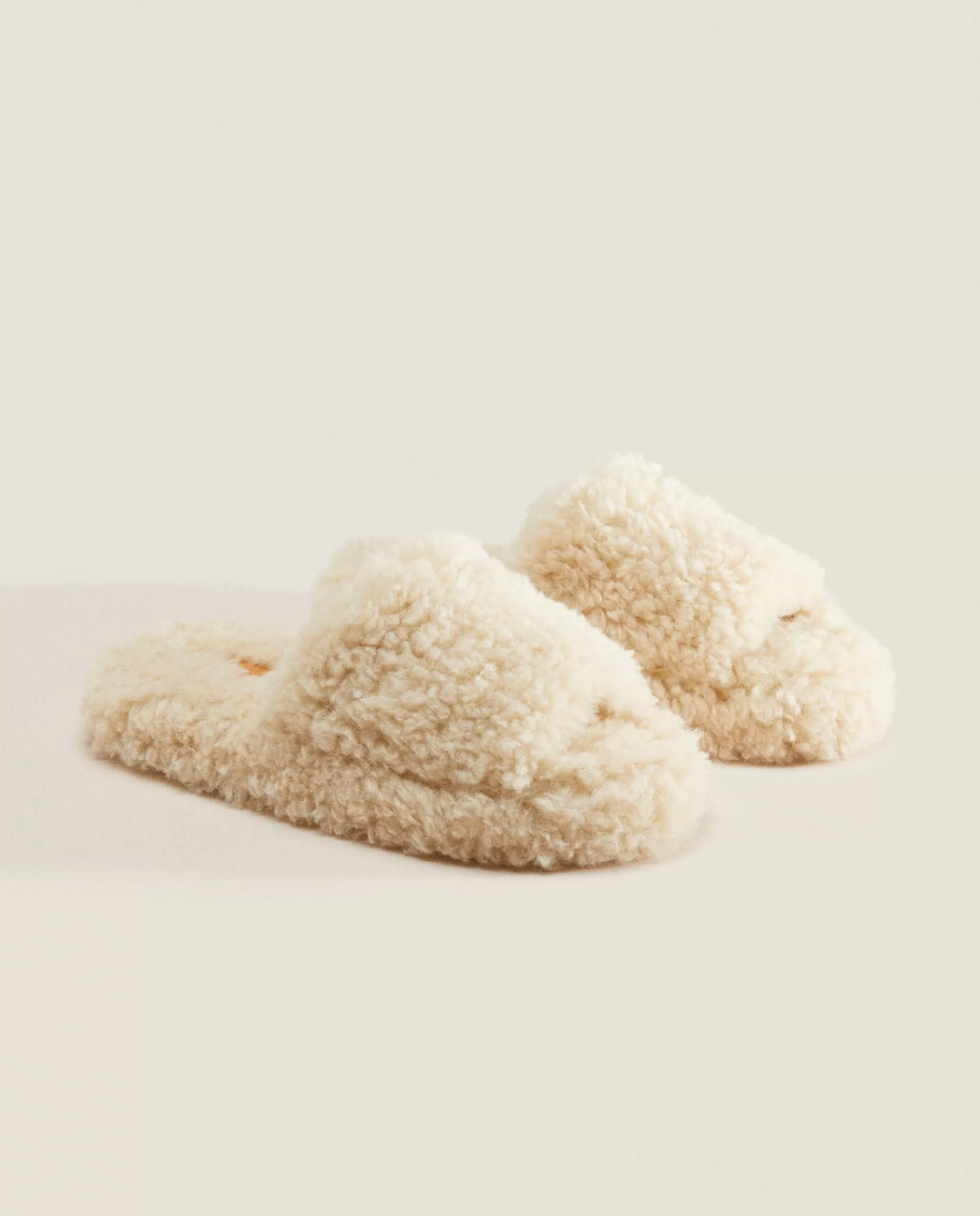 ZARA Home Faux Fur Platform Slider Slippers Ecru Cheap