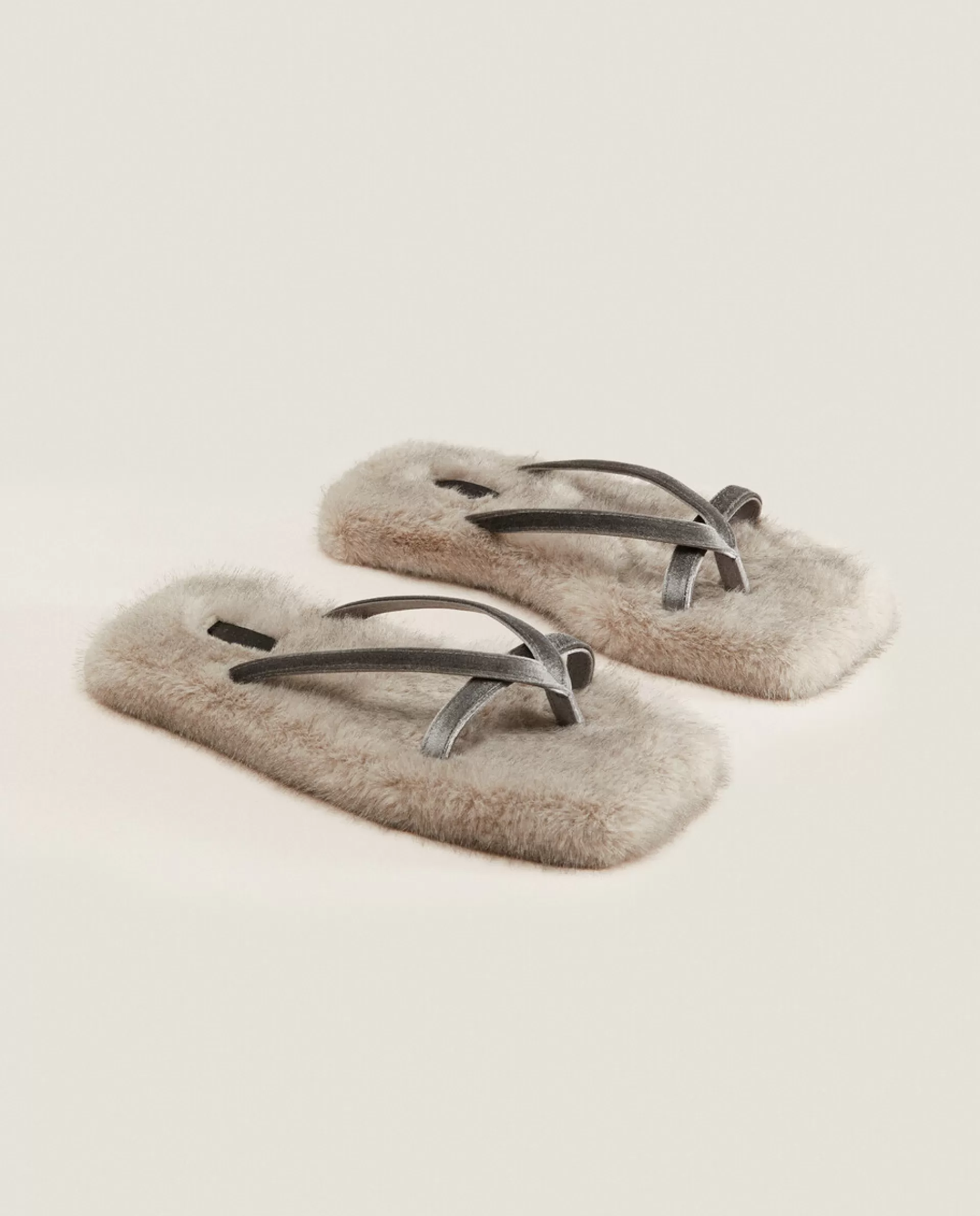 ZARA Home Faux Fur Sandal Slippers Grey Clearance