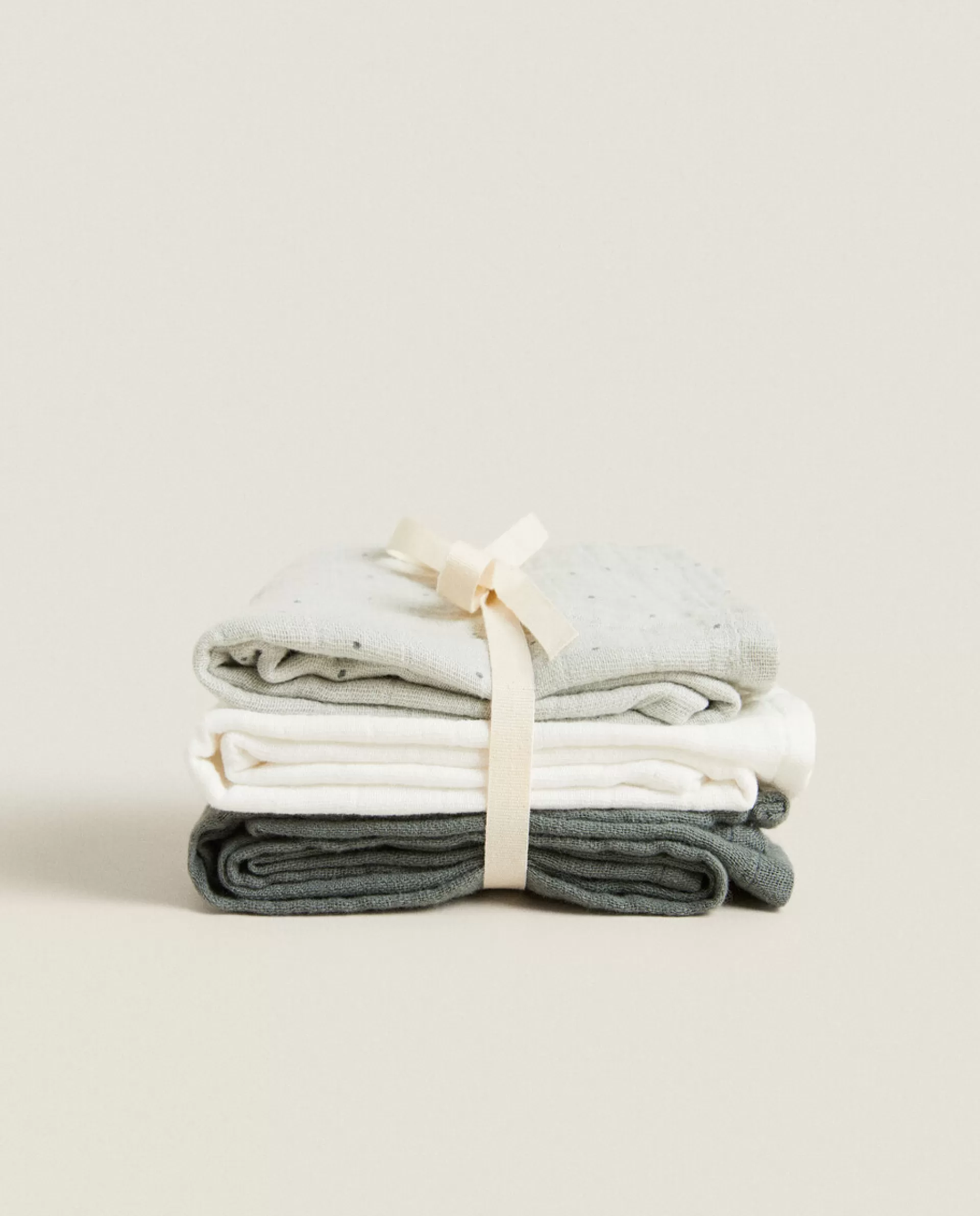 ZARA Home Multicolored Muslin Cloths (Pack Of 3) Green New