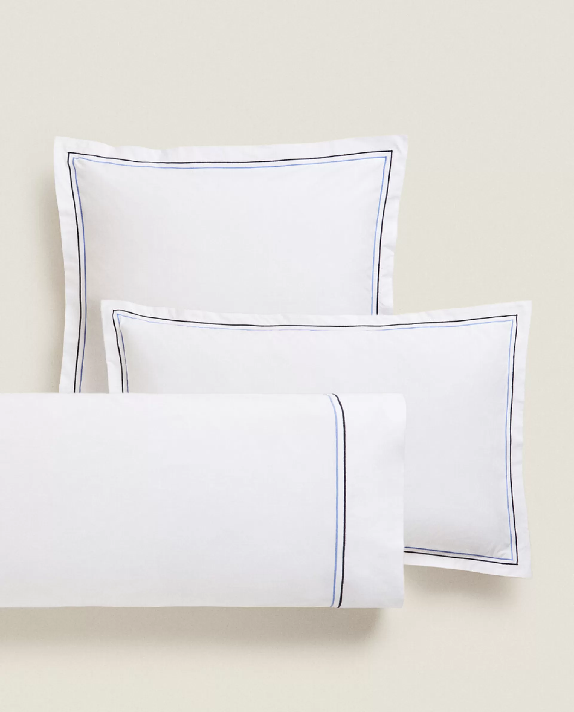 ZARA Home Pillowcase With Two Embroidered Lines Blue Flash Sale