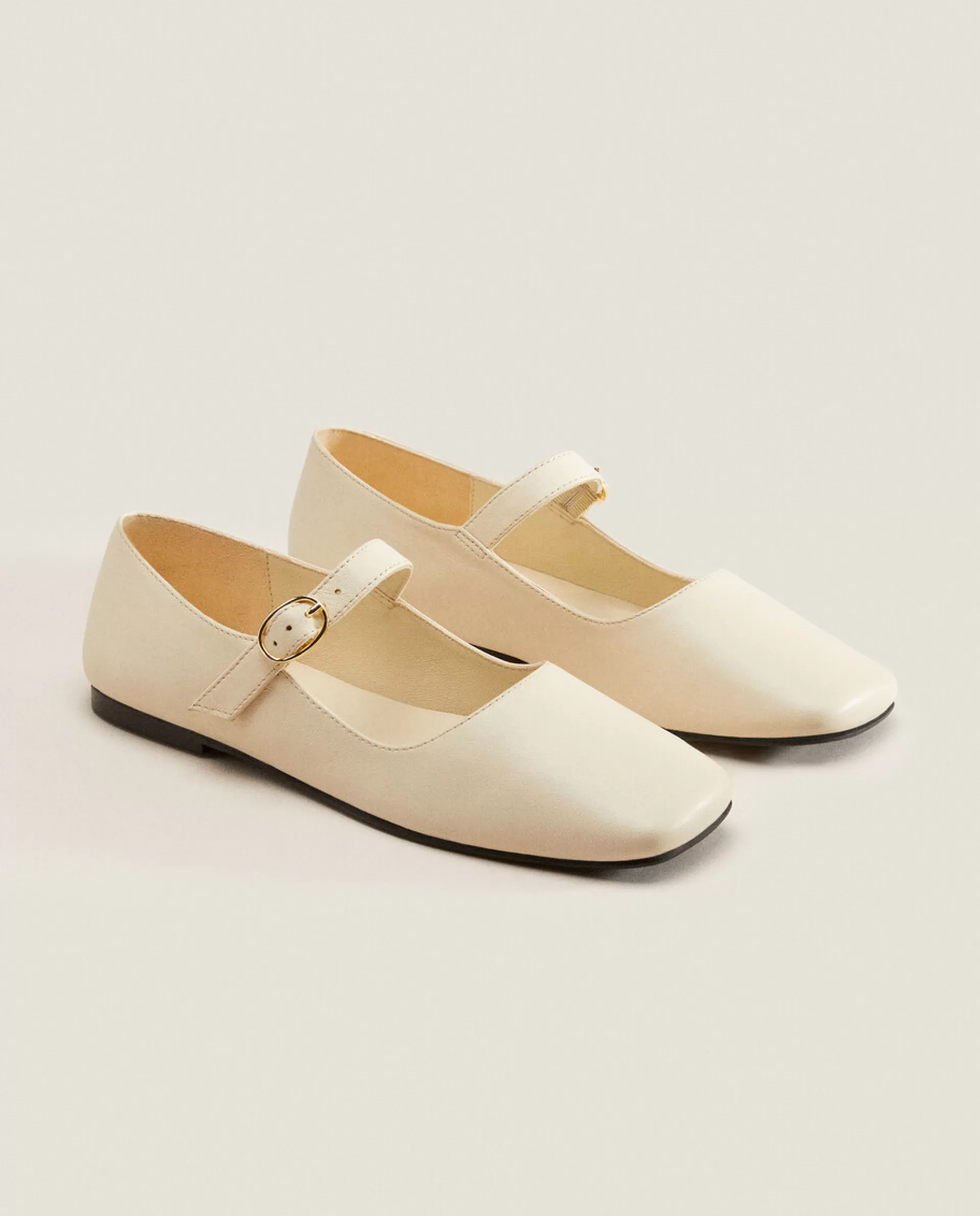 ZARA Home Square Toe Leather Ballet Flats Ecru Cheap