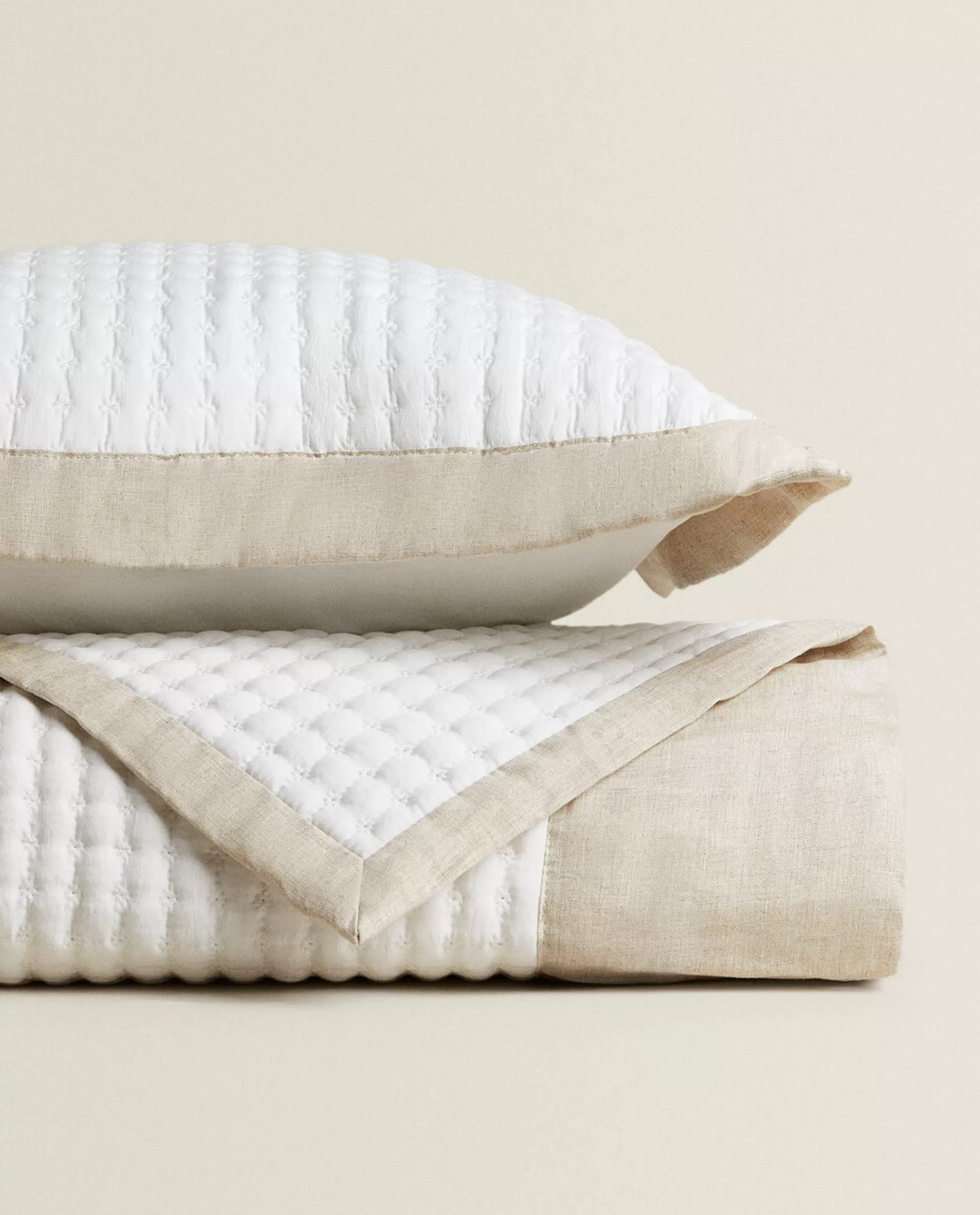 ZARA Home Textured Quilt With Linen Border Natural Colour Store