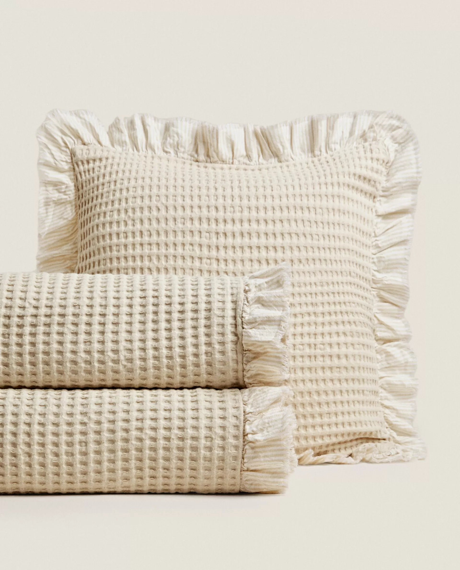 ZARA Home Waffle Texture Cotton Bedspread Cream Sale