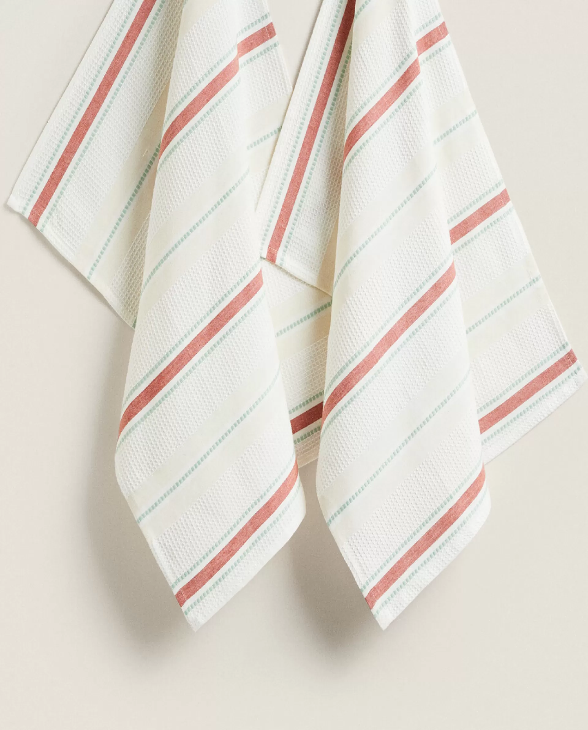 ZARA Home Waffle-Knit Cotton Kitchen Towel With Stripes (Pack Of 2) Cream Sale
